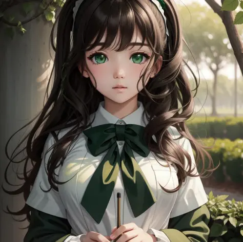 best quality, masterpiece, wallpaper, green_eyes, detailed, face_focus, dawn, outdoors, uniform, puffy_hair, thick_hair, 1girl,