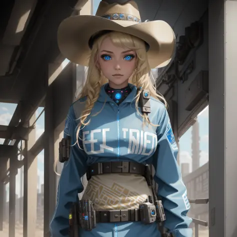 masterpiece, best quality, one extremely beautiful female teen, wild_west, blonde_hair, outlaw, cowgirl, town, {{{solo}}}, blue_eyes, cowboy_hat, futuristic, cyberpunk,