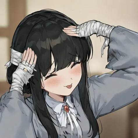 pov cheek warming \(meme\),
1girl,michiho,solo,grey eyes, black hair,grey dress,long sleeves, bandages,torn clothes,hair ornament, 
upper_body,
tongue out,closed eyes,:3,blush,smile,upper body,
masterpiece,best quality,