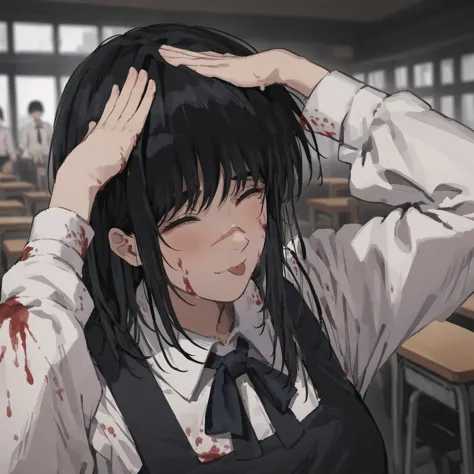 1girl, solo, yoru \(chainsaw man\), chainsaw man, black hair, scar on cheek, scar on face, blood on face, blood on clothes, school uniform, pinafore dress, white shirt, ribbon, <lyco:xl_ah_eto..._bleh_(meme)(a3.1):0.9> tongue out, closed eyes, :3, blush, smile, upper body, blurry background, <lora:csm painted style:0.8>, masterpiece, best quality, ultra-detailed, very aesthetic, illustration, perfect composition, intricate details, absurdres