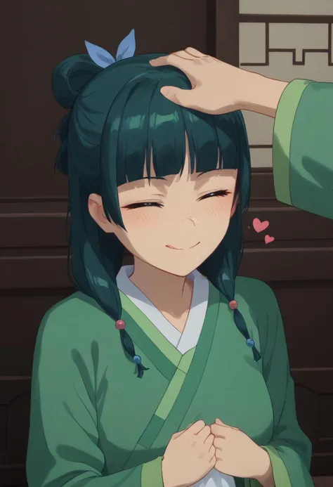 Blush, wavy mouth, IncrsXLHeadpatPOV, Head pat, japanese clothes, robe, green robe, long sleeves, wide sleeves, skirt, red skirt,,tongue out,closed eyes,:3,blush,smile,upper body,, Nsfw, Towel maomao, long hair, bangs, blue eyes, hair ornament, green hair, blunt bangs, freckles, hair bun, single hair bun, Standing, , , Small breast, Smug face,  Close up, Expressiveh, , Big breast, score_9, score_8_up, score_7_up, pinup girl pose, Expressiveh, shoulder,  , floating neon hearts, , , , reizeiin_toka,green_eyes,green_hair,breasts,medium_breasts,cleavage,smile