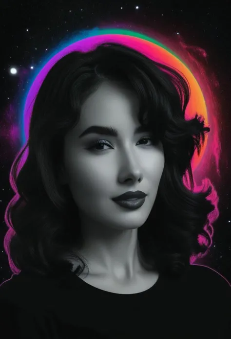 black rgb spectral 80s neon, bw-grignani, an simple colorful goddess in outer space, dark with vibrant planets, made of very bol...