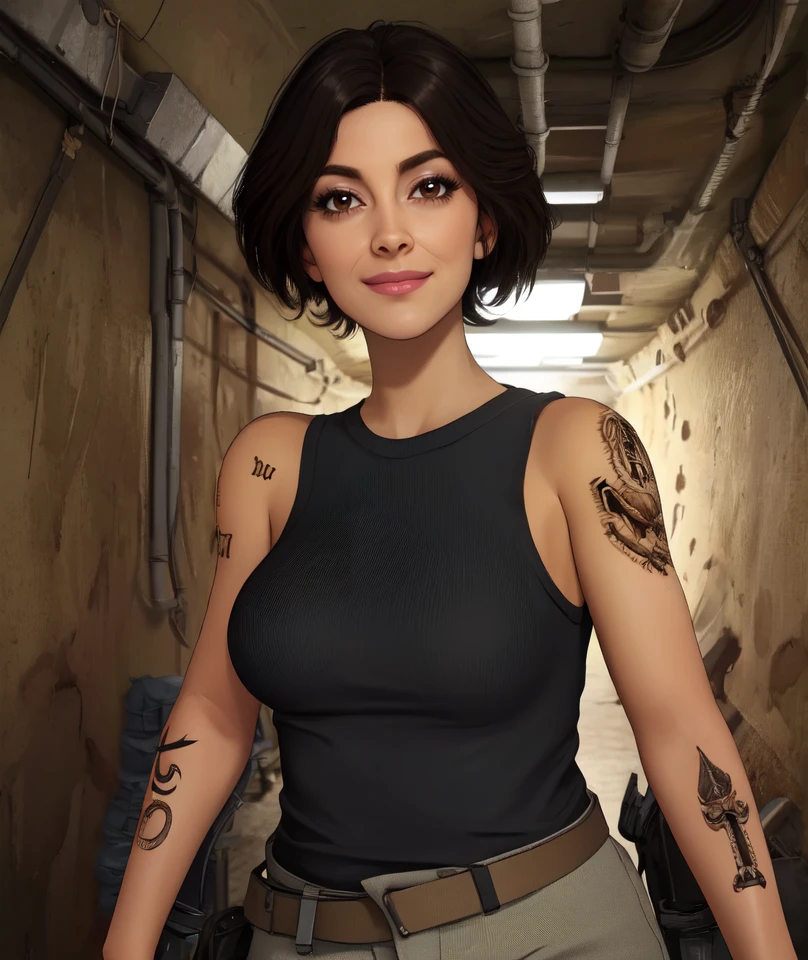 Valeria,black hair,short hair,brown eyes,shoulder tattoo,
black shirt,sleeveless,belt,pants,
standing,upper body,smile,
underground bunker,military,
(insanely detailed, beautiful detailed face, masterpiece, best quality)solo,
