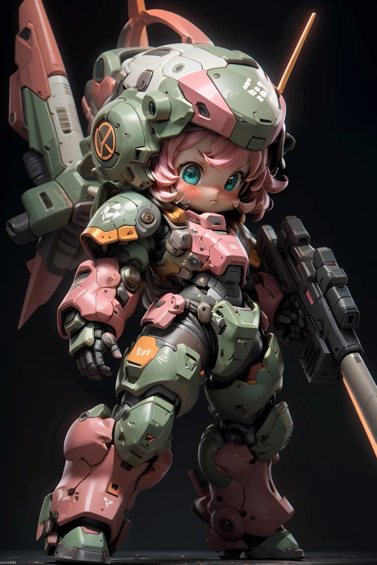 BJ_bonitinho_Mecha,1 garota,Sozinho,corar,azul_olhos,contenção,fechado_Boca,de pé,completo_corpo,arma,Rosa_cabelo,chibi,contenção_arma,armaduras,aqua_olhos,pistola,Capacete,preto_fundo,cerrado_mão,contenção_pistola,Mecha_museu,poder_armaduras,iluminação cinematográfica,forte contraste,Alto nível de detalhe,melhor qualidade,obra de arte,White fundo,