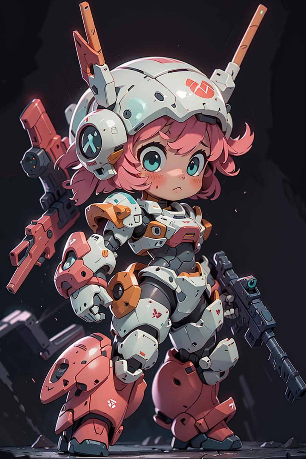 BJ_Niedlich_Mech,1 Mädchen,Allein,erröten,Blau_Augen,Halten,Geschlossen_Mund,Stehen,voll_Körper,Waffe,Rosa_Haar,chibi,Halten_Waffe,Rüstung,aqua_Augen,gun,Helm,Schwarz_Hintergrund,geballt_Hand,Halten_gun,Mecha_musume,Leistung_Rüstung,
Filmische Beleuchtung,starker Kontrast,hoher Detailgrad,beste Qualität,Meisterwerk,White Hintergrund,