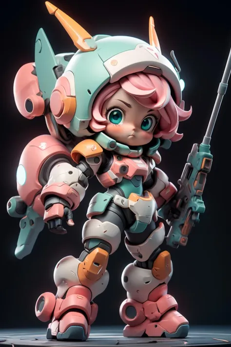 BJ_Cute_Mech,1girl,solo,blush,blue_eyes,holding,closed_mouth,standing,full_body,weapon,pink_hair,chibi,holding_weapon,armor,aqua_eyes,gun,helmet,black_background,clenched_hand,holding_gun,mecha_musume,power_armor,cinematic lighting,strong contrast,high level of detail,Best quality,masterpiece,White background,<lora:Cute_Mech_style(4080):0.7>,