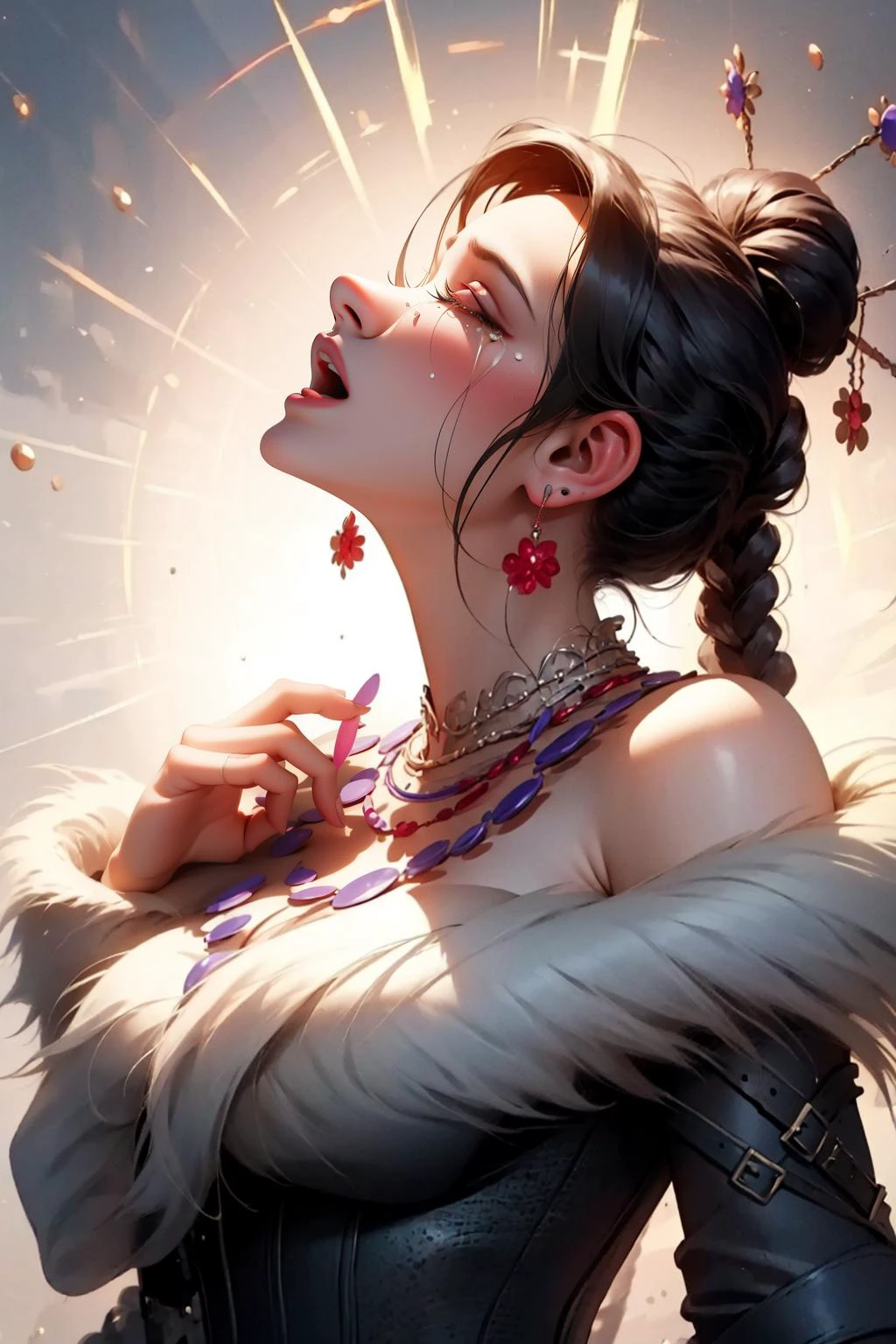 Masterpiece, best quality, CryingAsagiriAya mature female, profile, looking up, portrait, LuluX, closed eyes, open mouth, sad, tears:1.6, furrowed brow, hair over one eye, makeup, lipstick, jewelry, strapless dress, hand on own chest, (multiple belts:1.2), fur trim, off-shoulder dress,  simple background, black background,