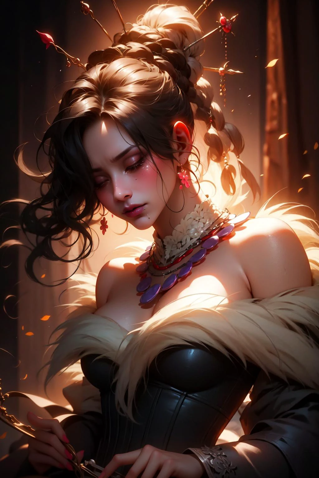 Masterpiece, best quality, mature female,  LuluX, closed eyes, sad, tears:1.6, furrowed brow, hair over one eye, makeup, lipstick, jewelry, strapless dress, hand on own chest, (multiple belts:1.2), fur trim, off-shoulder dress,