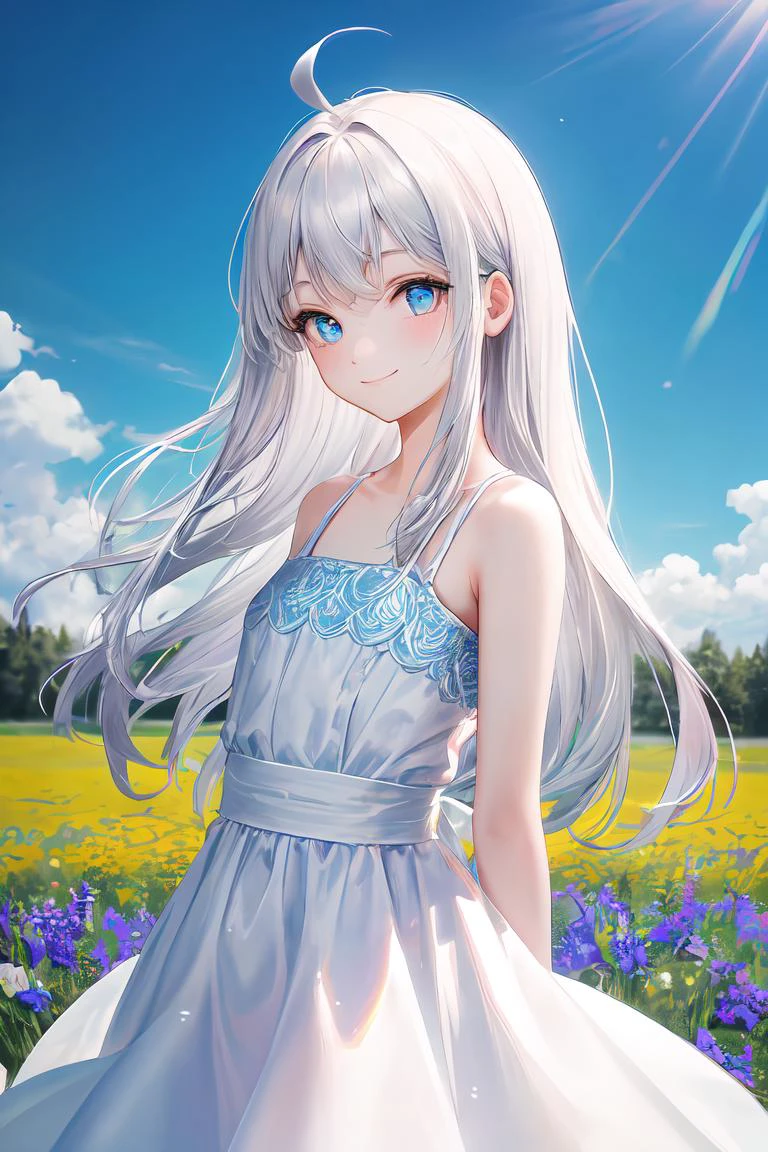 masterpiece, best quality, highres, outdoors, forest, depth of field, flower field, cowboy shot, 1girl, solo, white hair, ahoge, (absurdly long hair:1.3), blue eyes, looking at viewer, (pale skin:0.8), bokeh, sunray streams, colorful, vibrant, white dress,  flat chest, flowers, smile, river, sparkles, blue sky, tindal effect, arms behind back, head tilt, bare shoulders, light particles
