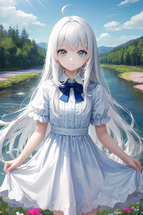 masterpiece, best quality, highres, outdoors, forest, depth of field, flower field, cowboy shot, 1girl, solo, white hair, ahoge,...