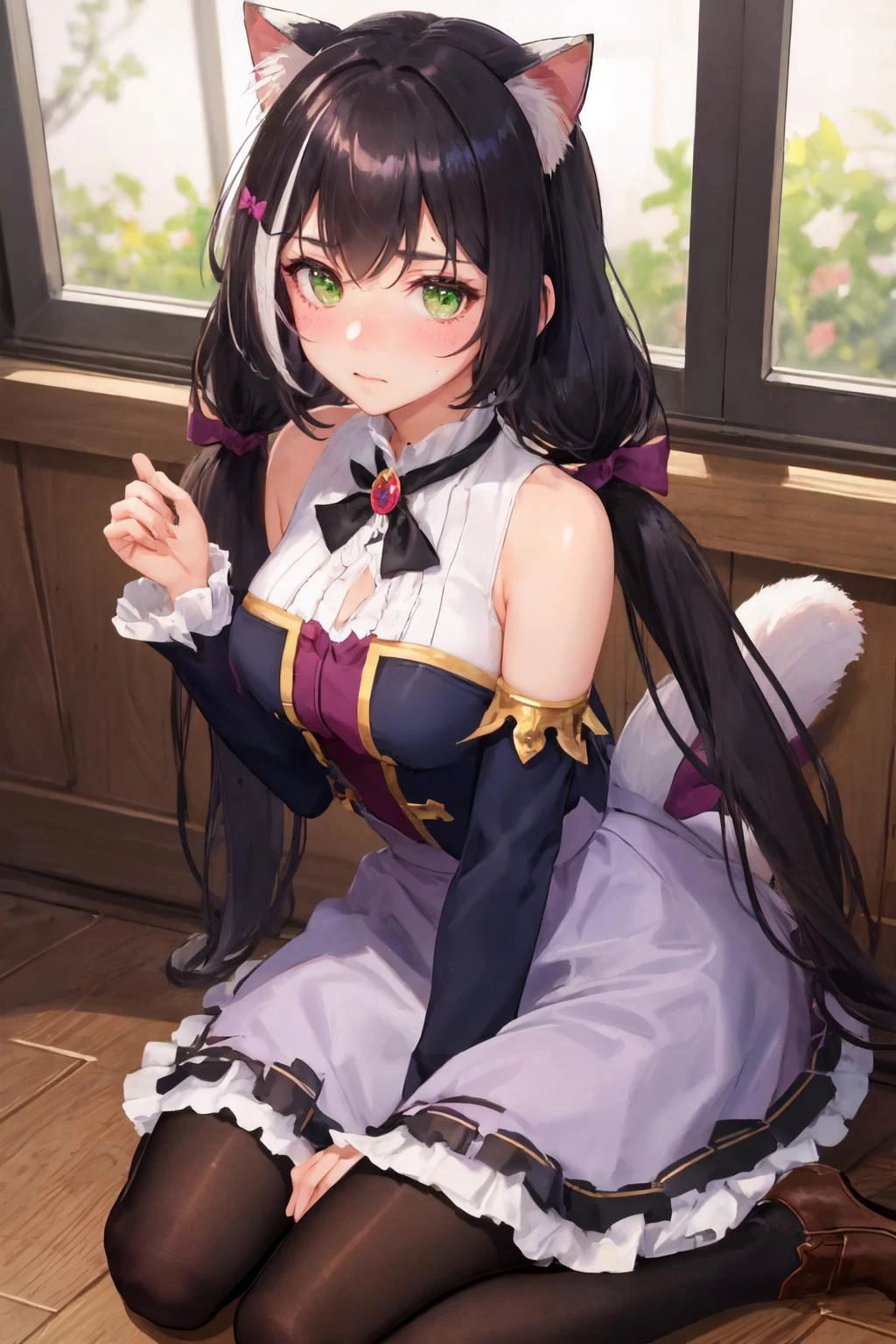 masterpiece, best quality, ultra-detailed,1girl, bangs, bare shoulders, black pantyhose, blush, boots, bow, breasts, brooch, brown footwear, closed mouth, detached sleeves, dress, frilled dress, frilled skirt, frills, green eyes, hair bow, jewelry, karyl, long sleeves, looking at viewer, low twintails, pantyhose, purple bow, sitting, skirt, sleeveless, sleeveless dress, solo, tail, twintails, wariza 
  