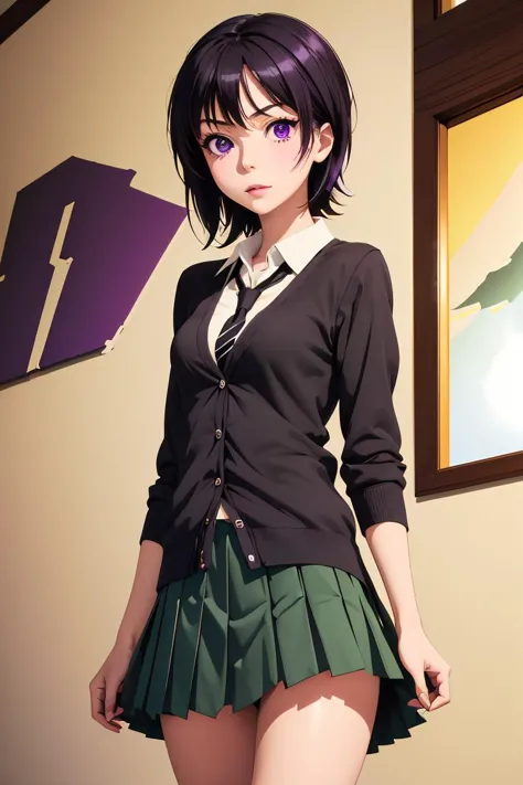 (masterpiece, best quality), 1girl,  <lora:yozora mikazuki s2-lora-nochekaiser:1> yozora mikazuki, short hair, black hair, (purple eyes:1.1), shirt, school uniform, necktie, cardigan, black necktie, skirt, green skirt, pleated skirt,