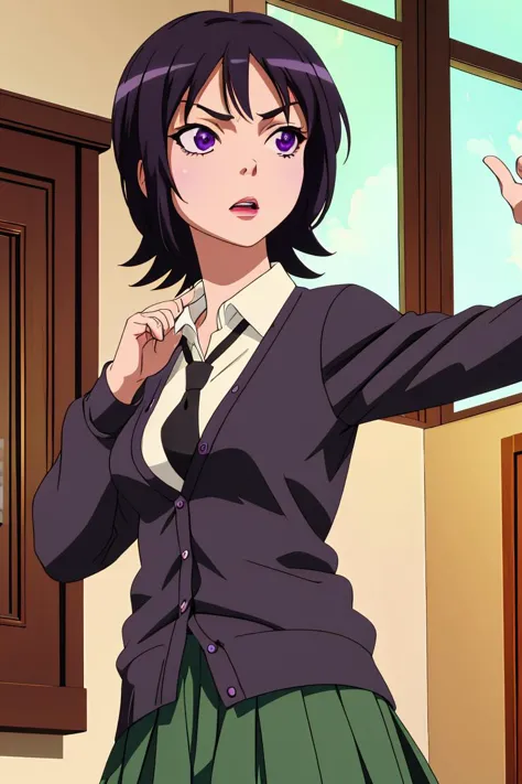 anime girl in a school uniform pointing at something