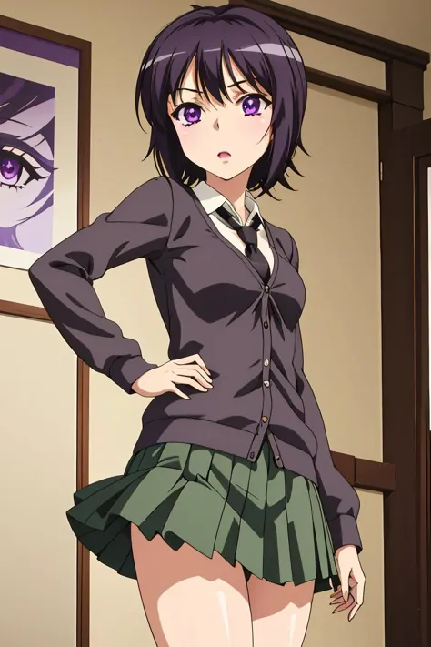 (masterpiece, best quality), 1girl,  <lora:yozora mikazuki s2-lora-nochekaiser:1> yozora mikazuki, short hair, black hair, (purple eyes:1.1), shirt, school uniform, necktie, cardigan, black necktie, skirt, green skirt, pleated skirt,