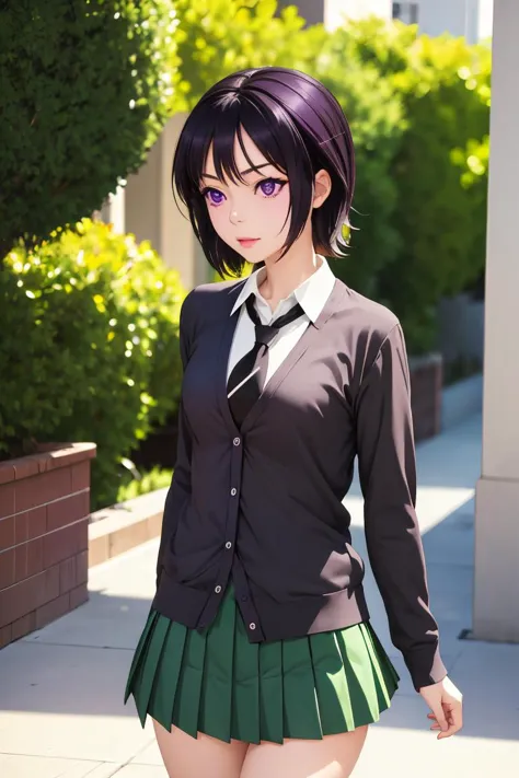 (masterpiece, best quality), 1girl,  <lora:yozora mikazuki s2-lora-nochekaiser:1> yozora mikazuki, short hair, black hair, (purple eyes:1.1), shirt, school uniform, necktie, cardigan, black necktie, skirt, green skirt, pleated skirt,