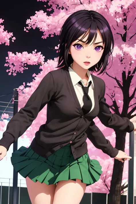 (masterpiece, best quality), 1girl,  <lora:yozora mikazuki s2-lora-nochekaiser:1> yozora mikazuki, short hair, black hair, (purple eyes:1.1), shirt, school uniform, necktie, cardigan, black necktie, skirt, green skirt, pleated skirt,