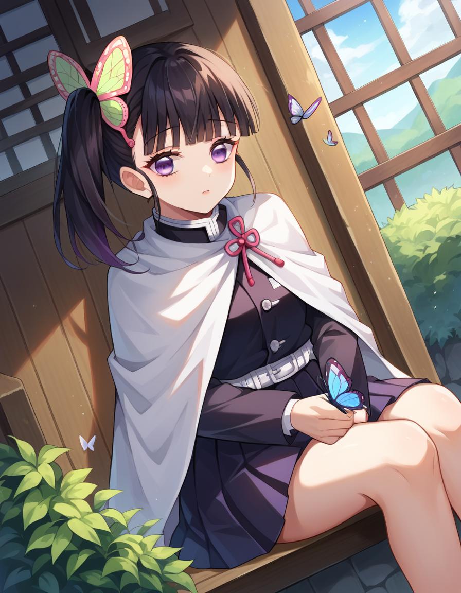 Anime girl sitting on a bench with a butterfly in her hair - SeaArt AI