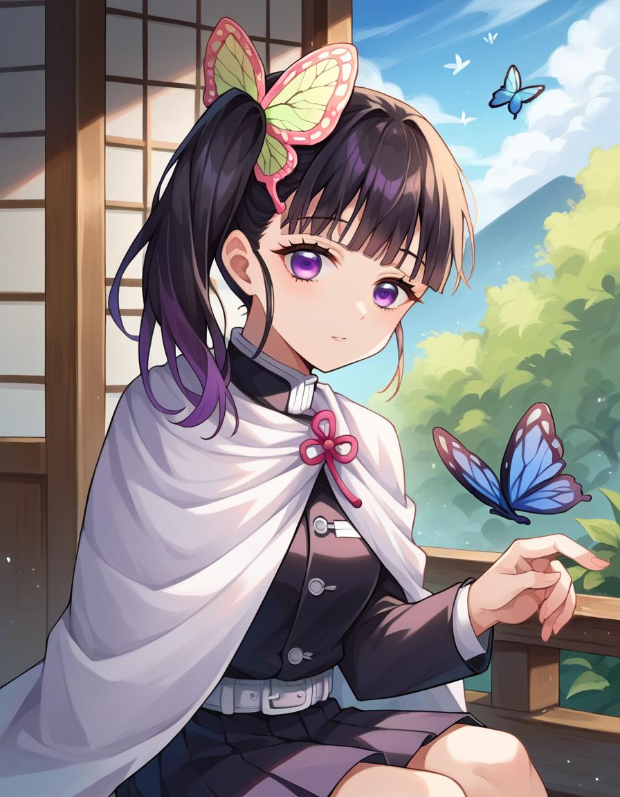 Anime girl with butterfly in hand sitting on a balcony - SeaArt AI