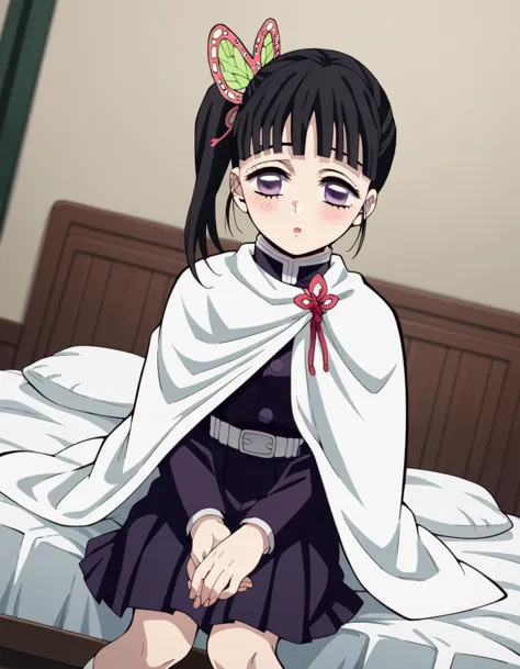 anime girl sitting on a bed with a white blanket over her head