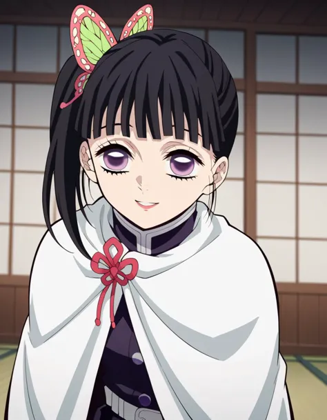 anime girl with black hair and a white cape with a red bow