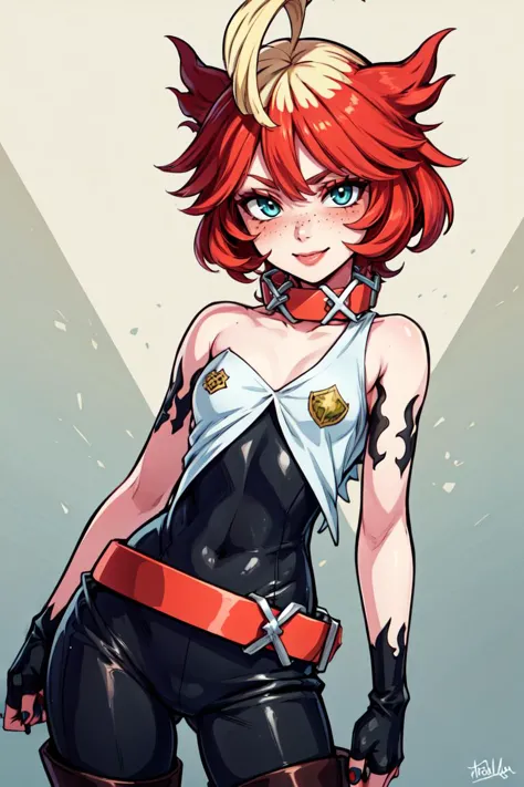 a cartoon drawing of a woman with red hair and a black outfit