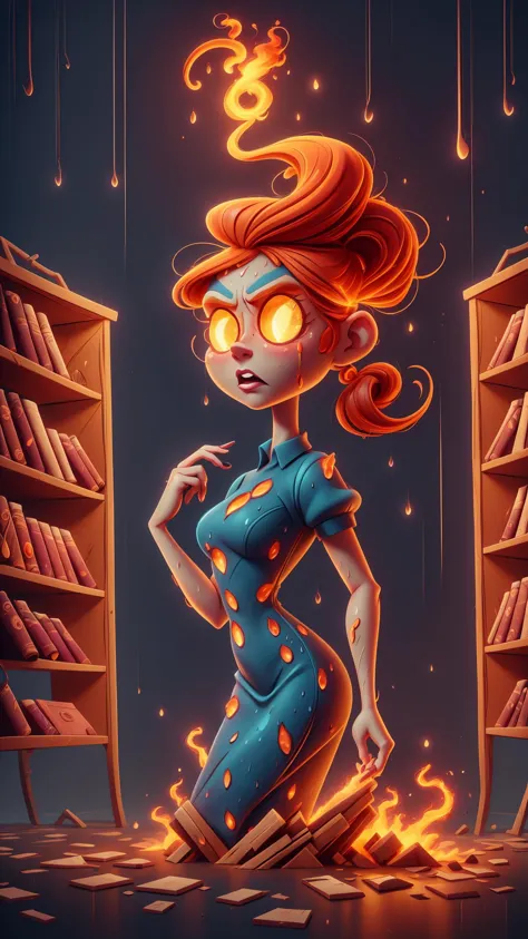 a cartoon girl with a bookcase and a fire in her hand