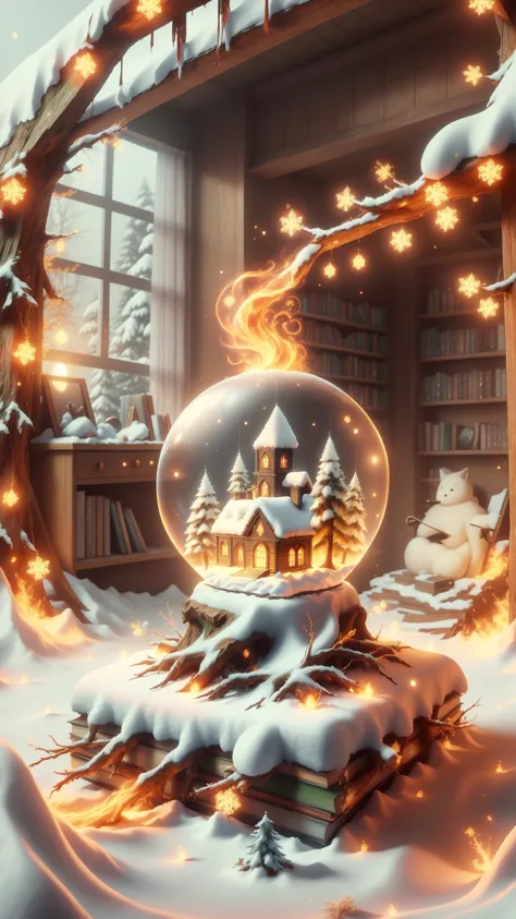 <lora:ElementFire:1>ElementFire Orange Realistic 3D rendered snow globe, detailed glass surface, intricate snowflake patterns, s...