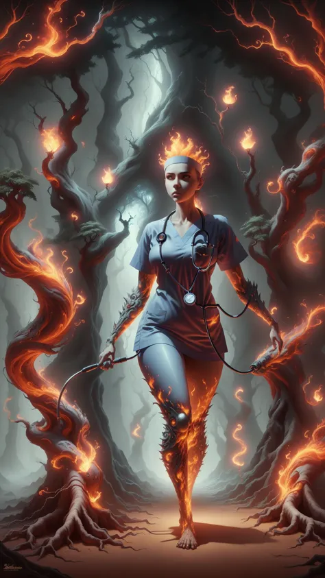 <lora:ElementFire:1.0>ElementFire Black nurse in scrubs and stethoscope,fantasy painting, ancient labyrinth, ghostly visitors, s...