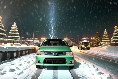 arafed green car driving down a snowy road in the middle of a city