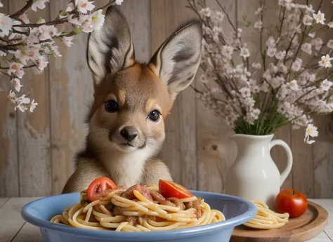 there is a small deer that is sitting in a bowl of pasta