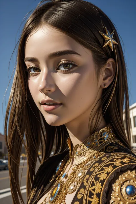 a woman with long hair wearing a gold and blue dress