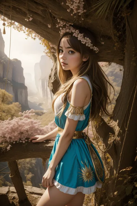 a woman in a blue dress and a flower crown standing on a bridge