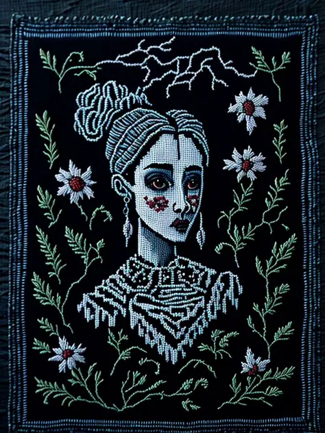 <lora:NEEDLEPOINT:1>NEEDLEPOINT style primitive embroidered classic sampler of the 19th century. gothpunk authentic woman, white...