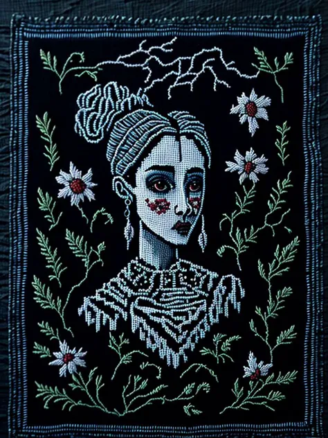 <lora:NEEDLEPOINT:1>NEEDLEPOINT style primitive embroidered classic sampler of the 19th century. gothpunk authentic woman, white and Mantis, with flowers and an embroidered ornament along the perimeter look vintage, authentic,