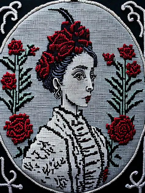 <lora:NEEDLEPOINT:1>NEEDLEPOINT style primitive embroidered classic sampler of the 19th century. steampunk authentic woman, white and Candy apple red, with flowers and an embroidered ornament along the perimeter look vintage, authentic,