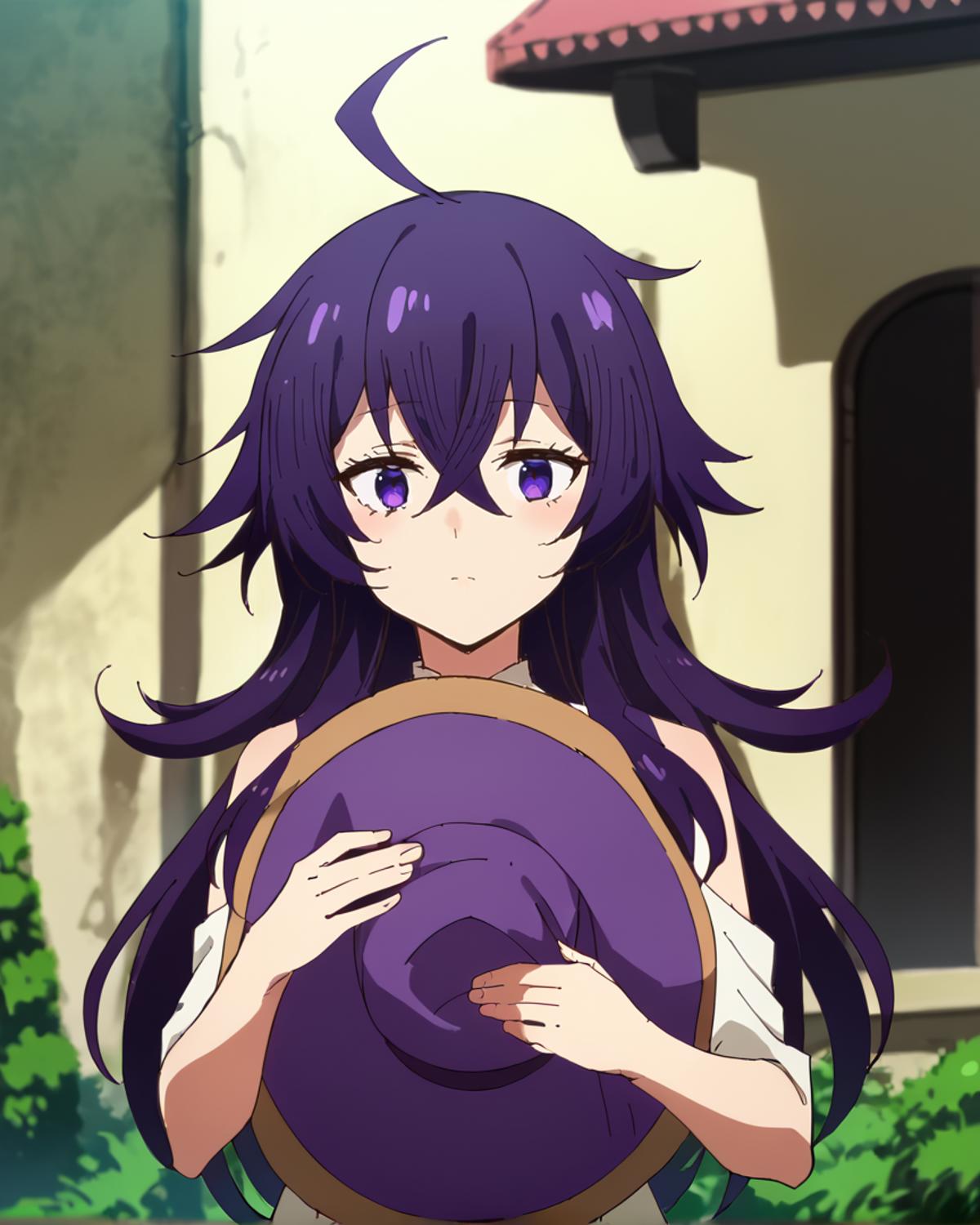 A woman with long purple hair holding a purple hat - SeaArt AI