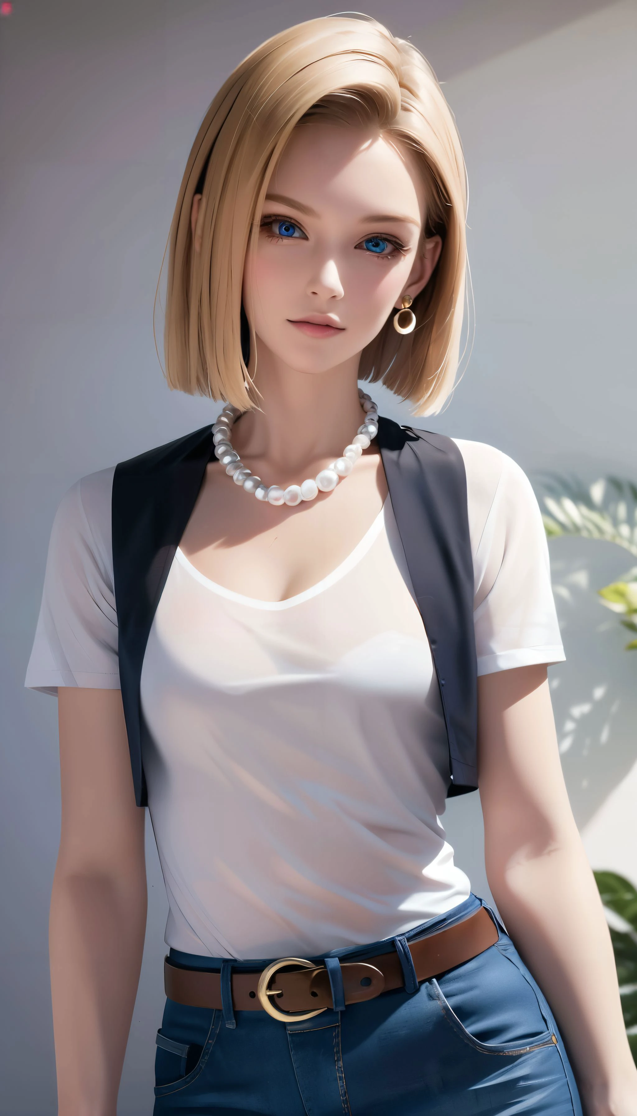 8k, real picture, intricate details, ultra-detailed,(photorealistic),
and18, 1girl, android 18, blonde hair, blue eyes, belt, jeans, pearl_necklace, bracelet, black gloves, white shirt, short hair, short sleeves, earrings, blue pants, open vest, black vest,
peace, sign