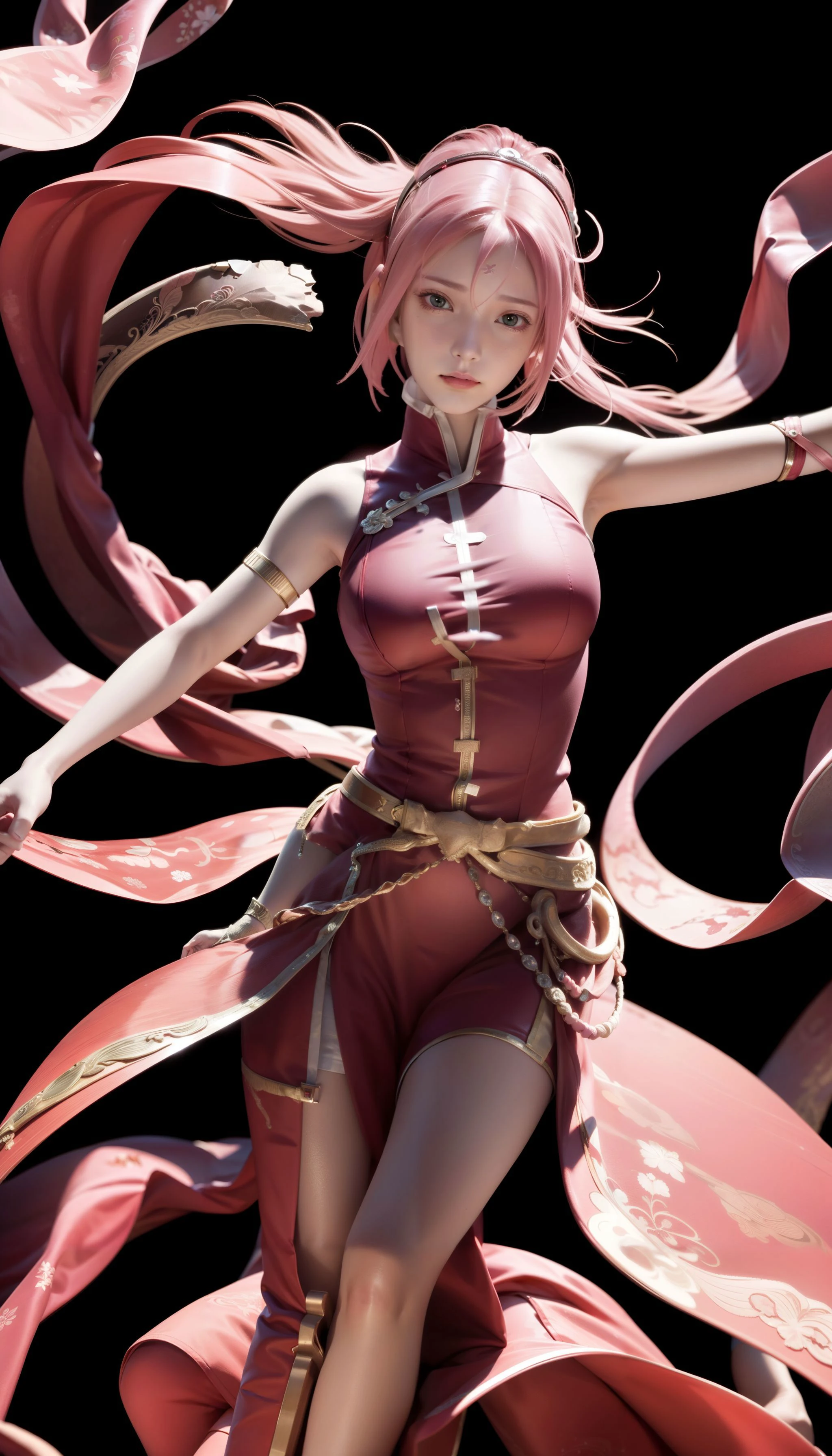 8k, real picture, intricate details, ultra-detailed,(photorealistic),
haruno sakura, red sleeveless dress, red hairband, pink hair,
dunhuang, floating, flying, clothes