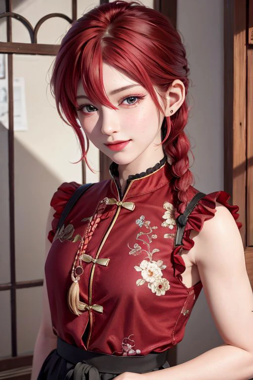 8k, real picture, intricate details, ultra-detailed,(photorealistic), 
RanmaChan,  red hair,  ranma-chan, pants, tangzhuang, red shirt, blue eyes, braided ponytail, black pants, high-waist pants, blush, shirt, braid,  short sleeves, chinese clothes,  bangs, hair between eyes,  single braid,  smile,
detailed (wrinkles, folds!, viens, skin imperfections:0.1),
finely detailed beautiful eyes, close-up, small eyes, look at viewer,
