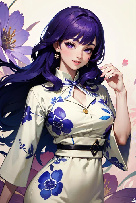 anime girl with purple hair and blue eyes posing in front of a floral background