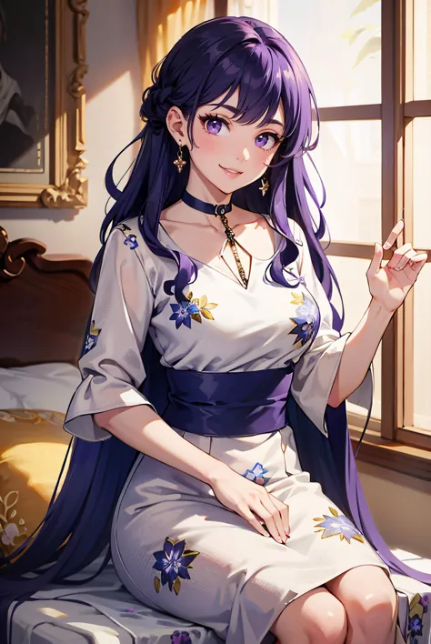 anime girl sitting on a bed with a purple hair