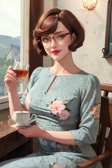 a woman in a blue dress holding a cup of coffee