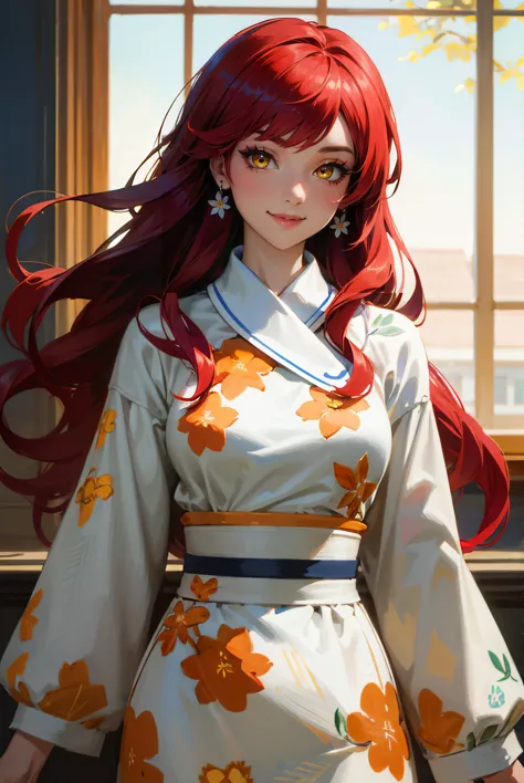 anime girl with red hair and a white dress standing in front of a window