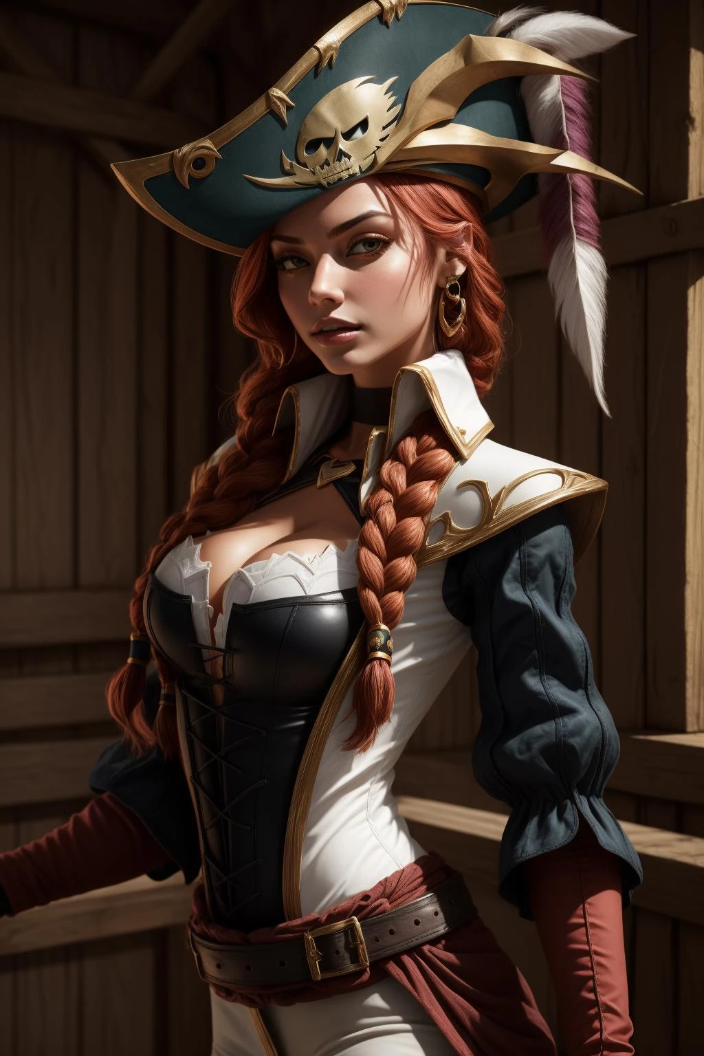 (masterpiece, best quality:1.2), intricate details, captain fortune, 1girl, cleavage cutout, pirate hat, braid, puffy sleeves, elbow gloves, cleavage