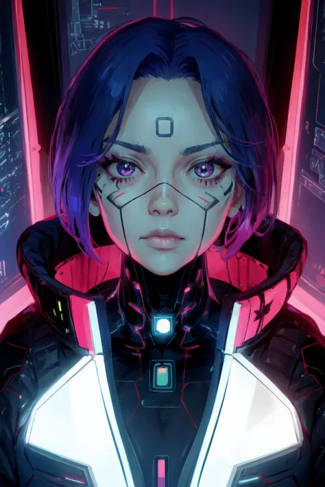 a woman in a futuristic suit with purple hair and a futuristic face