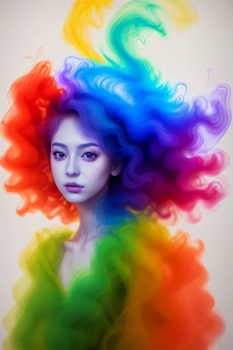 a woman with a rainbow colored hair and a white background