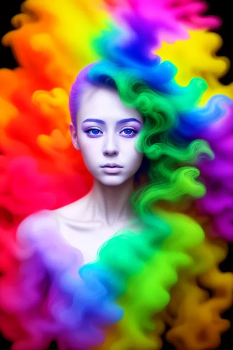 a woman with a rainbow colored hair and a black background