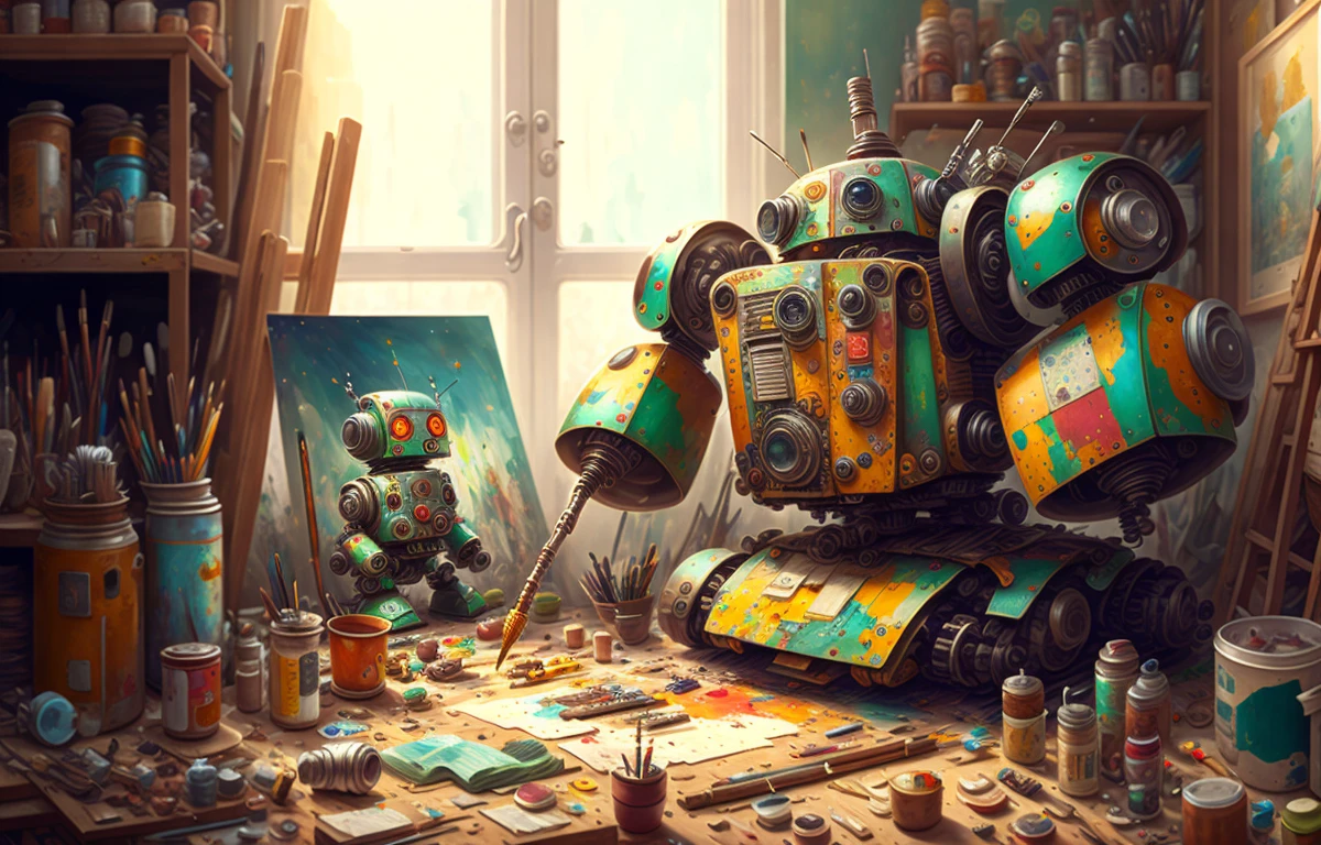 지저분한, 혼돈의 예술가 작업실, 안에는 그림을 그리는 귀여운 로봇이 있어요. 사진은 다른 로봇의 모습
