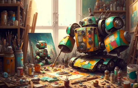 A messy, chaotic artist's workshop, inside is a cute robot painting a picture. The picture is of another robot