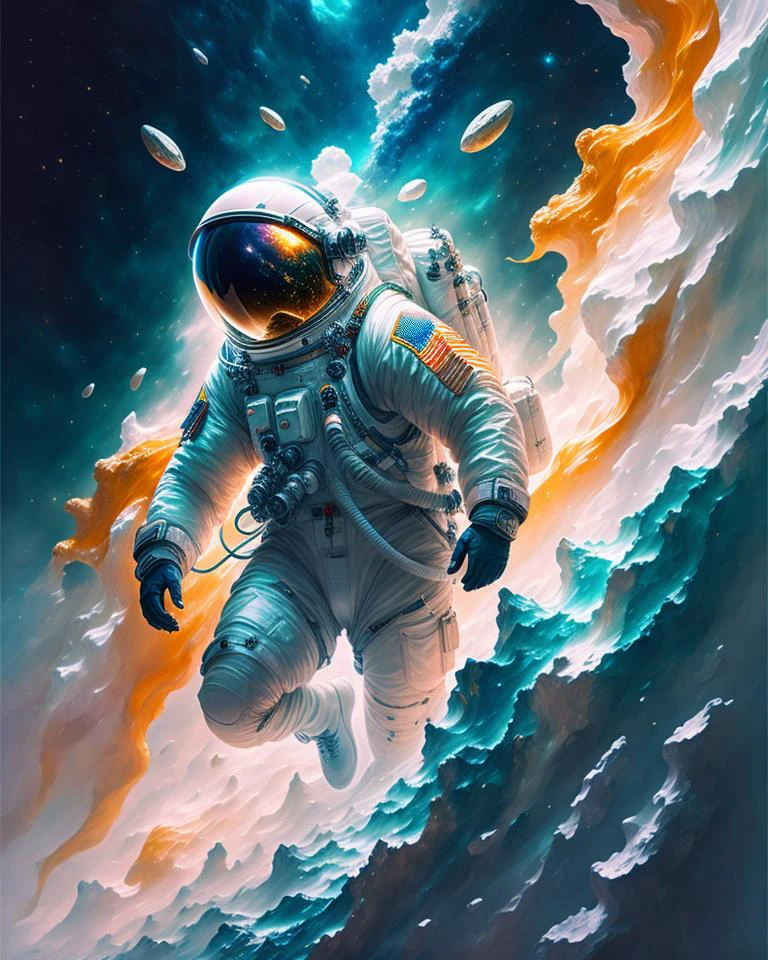 космонавт,  восхождение на астероид,  рендеринг персонажа, модель ультра высокого качества, эфирный фон, абстрактная красота, взрывной объемный, Картина маслом, тяжелые удары, краска капает